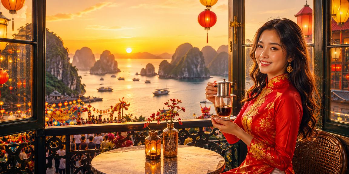 Khung cảnh vịnh Hạ Long với người dùng ngồi cà phê theo dõi kèo cá cược thể thao trên điện thoại