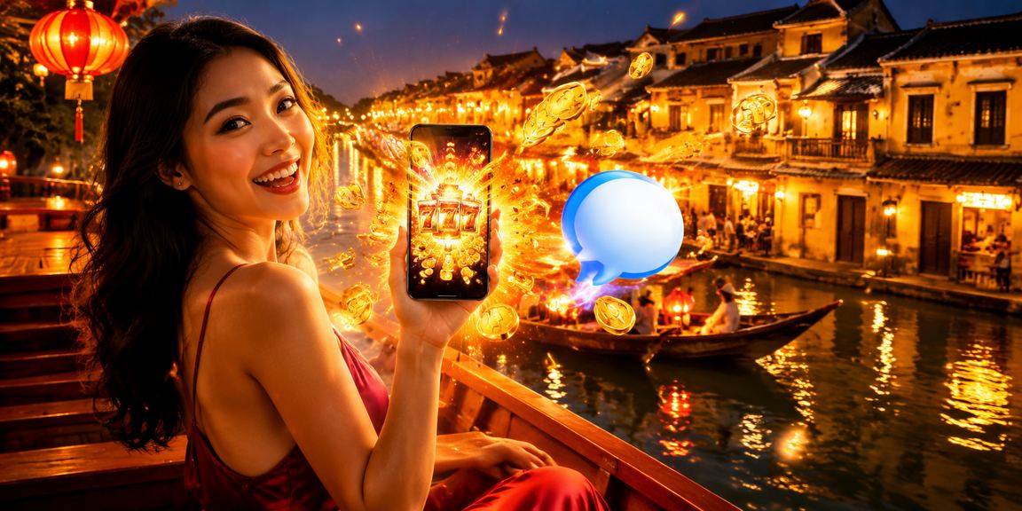 Người chơi thử nghiệm slot game mới tại Hội An, trên điện thoại di động dưới ánh đèn lồng