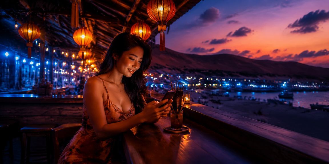 Người chơi trải nghiệm mobile casino tại chợ đêm Mũi Né